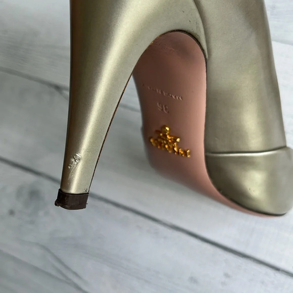Prada Metallic Green Silver Leather Peep Toe Pumps Size 6 - Picture 11 of 11